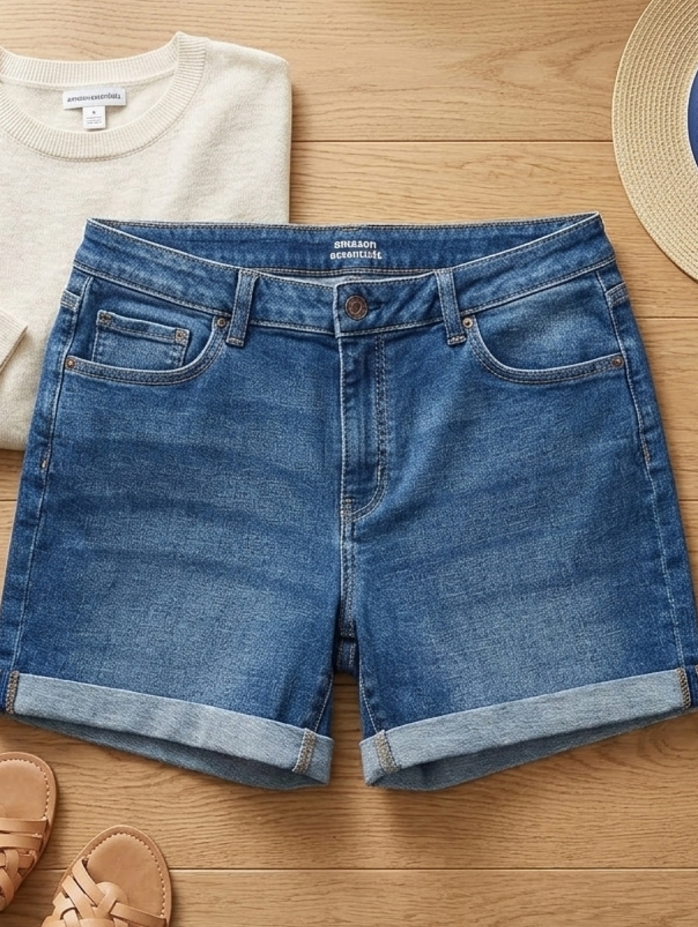 Amazon Essentials Medium Blue Roll-Cuff Denim Shorts